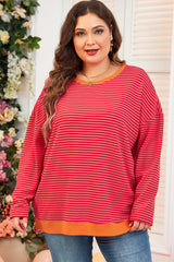 Orange Stripe Plus Size Drop Shoulder Long Sleeve Buttoned Decor Top Plus Size Long Sleeve Tops JT's Designer Fashion