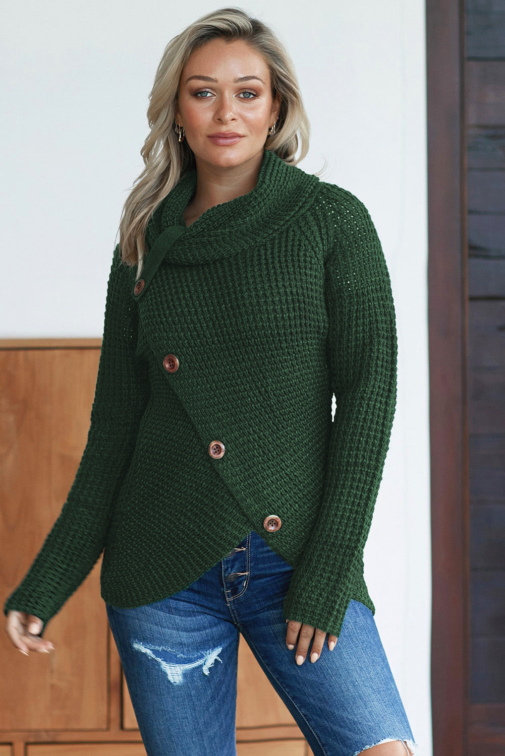 Olive Green Buttoned Wrap Turtleneck Sweater Sweaters & Cardigans JT's Designer Fashion