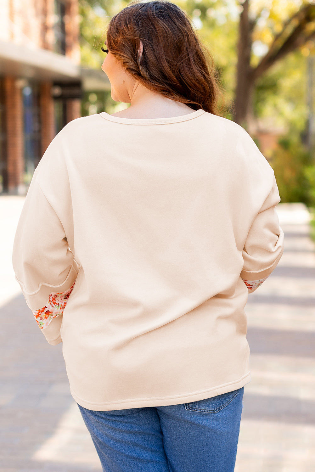 Beige Plus Size Flower Patched Side Slits Crewneck Top Plus Size Tops & Tees JT's Designer Fashion