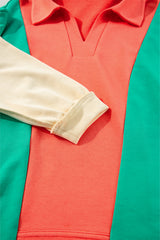 Grapefruit Orange Color Block Patchwork Collared V Neck Loose Top Long Sleeve Tops JT's Designer Fashion