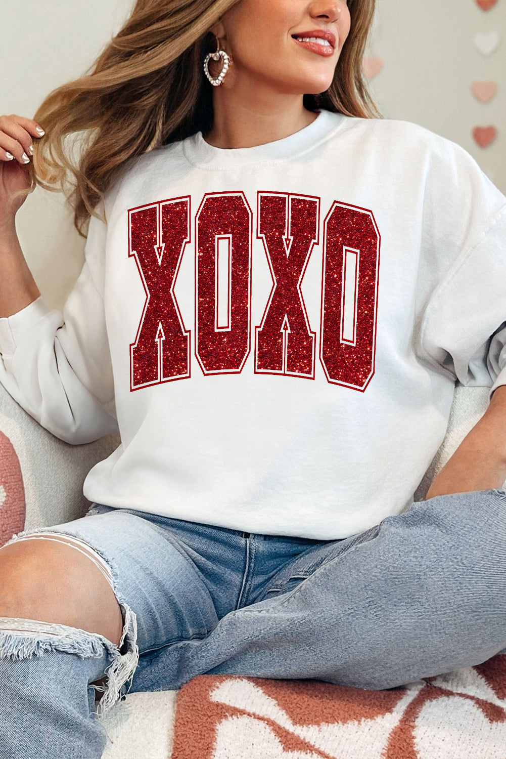 White Glitter XOXO Graphic Crewneck Valentines Pullover Sweatshirt Graphic Sweatshirts JT's Designer Fashion