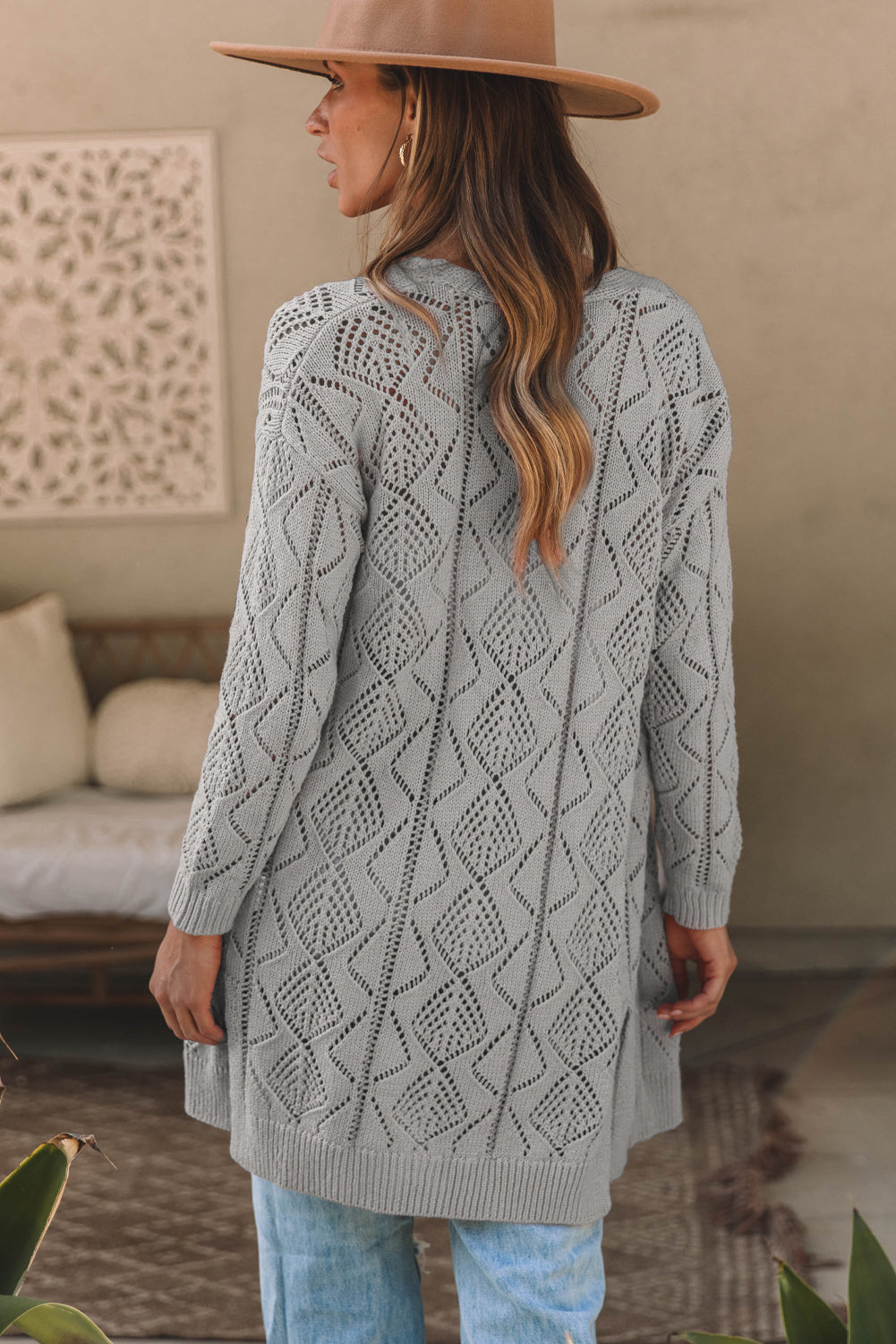 Gray Hollow-out Openwork Knit Cardigan Cardigans JT's Designer Fashion