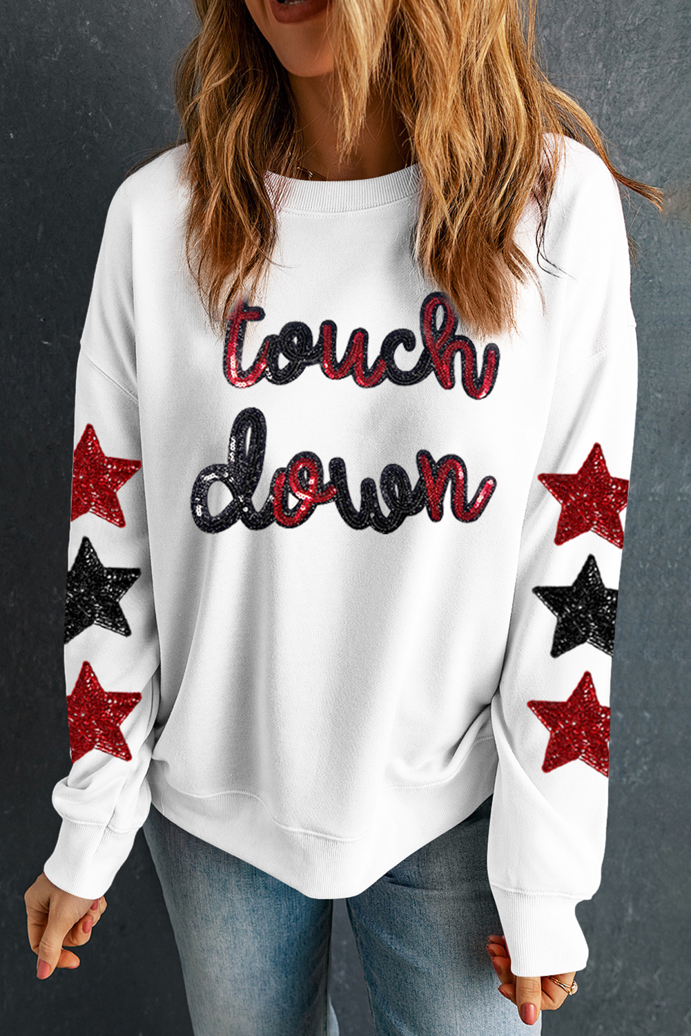 Beige Sequined Touch Down Graphic Star Drop Shoulder Sweatshirt Graphic Sweatshirts JT's Designer Fashion
