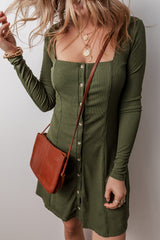 Guacamole Green Rib Knit Square Neck Buttoned Long Sleeve Mini Dress Mini Dresses JT's Designer Fashion