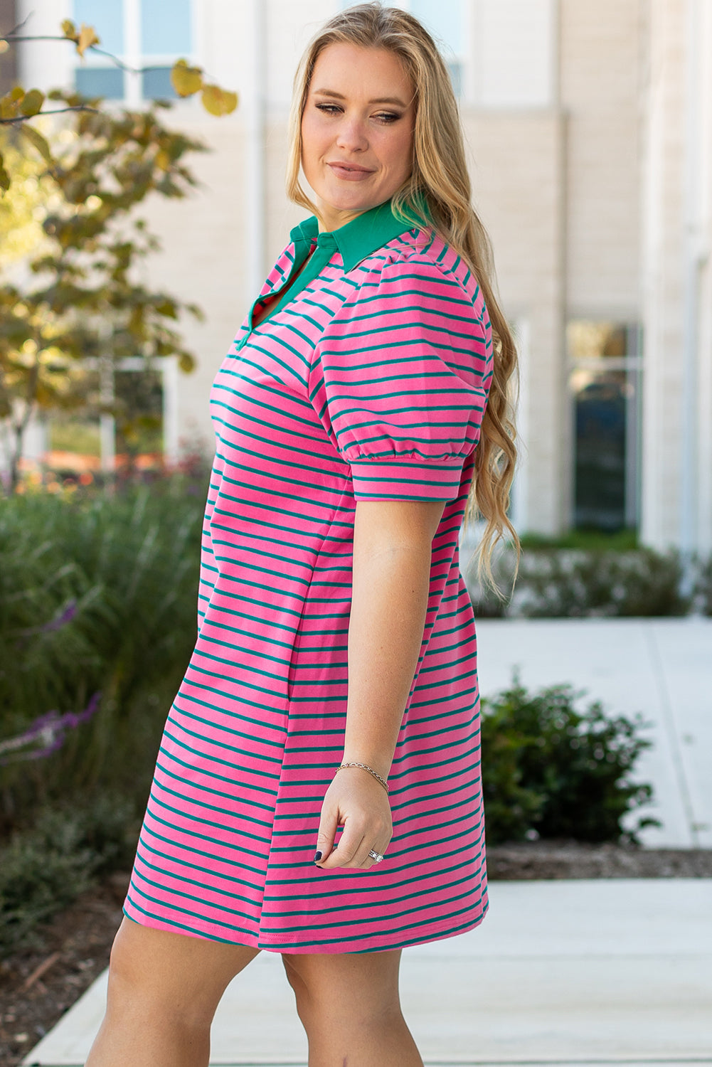 Rose Stripe Collared V Neck Puff Sleeve Shift T Shirt Dress with Pockets Plus Size Mini Dresses JT's Designer Fashion