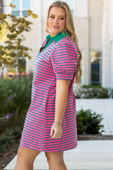 Rose Stripe Collared V Neck Puff Sleeve Shift T Shirt Dress with Pockets Plus Size Mini Dresses JT's Designer Fashion