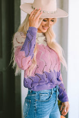 Pink Color Block Hollow Knitted Loose Sweater Sweaters JT's Designer Fashion