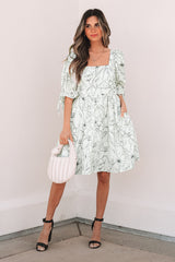 Beige Floral Print Square Neck Shirred Back Puff Sleeve Mini Dress Floral Dresses JT's Designer Fashion