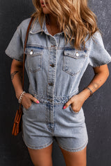 Light Blue Vintage Washed Buttons Pocketed Denim Romper Bottoms JT's Designer Fashion