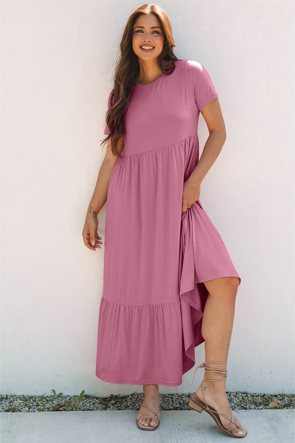 Pink Solid Color T-shirt High Waist Pocketed Long Dress Maxi Dresses JT's Designer Fashion