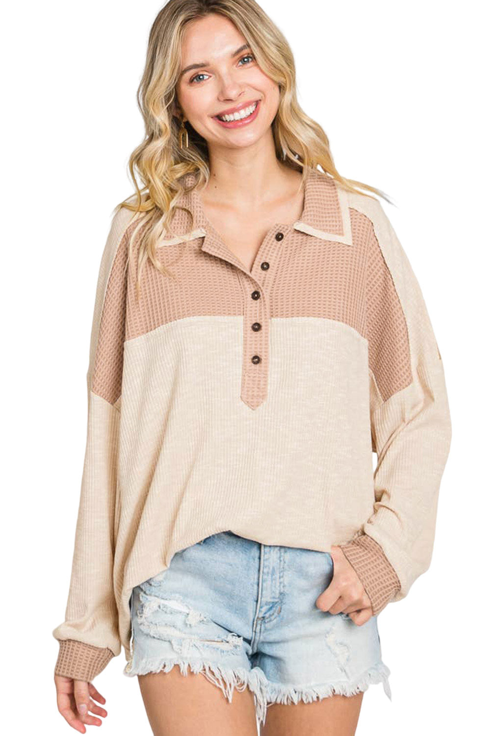 Apricot Oversized Knit Top With Waffle Contrast Long Sleeve Tops JT's Designer Fashion