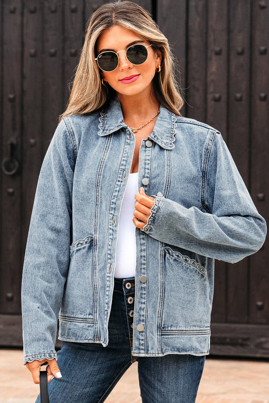 Myosotis Scallop Trim Collar Patched Pocket Button Up Denim Jacket Myosotis 75%Cotton+25%Polyester Denim Jackets JT's Designer Fashion