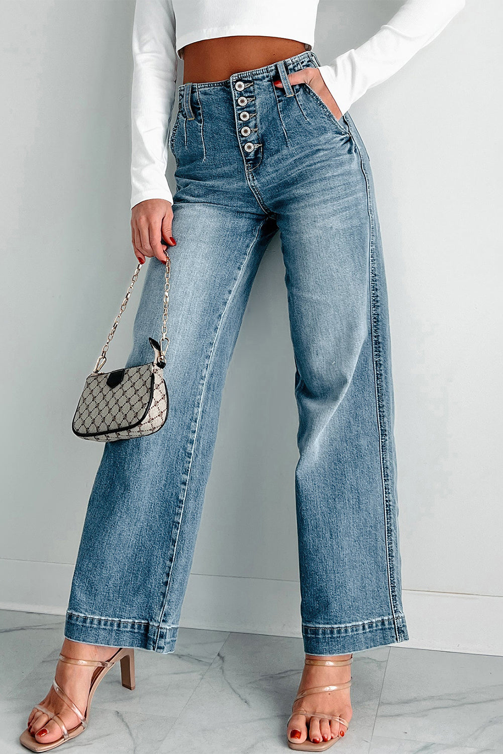 Dusk Blue Multi Buttons Medium Wash Straight Loose Leg Jeans Dusk Blue 75%Cotton+23%Polyester+2%Elastane Jeans JT's Designer Fashion