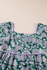 Green Floral Print Piping Trim Bubble Sleeve Square Neck Dress Floral Dresses JT's Designer Fashion