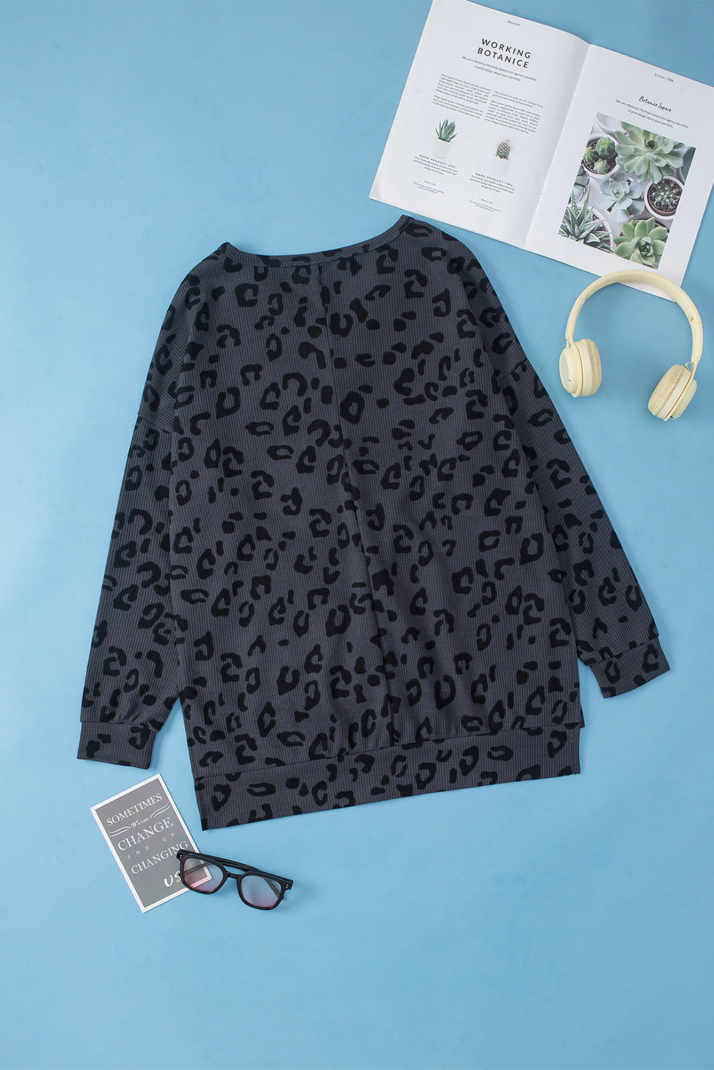 Gray Leopard Print Button Split Neck Waffle Sweatshirt Sweatshirts & Hoodies JT's Designer Fashion