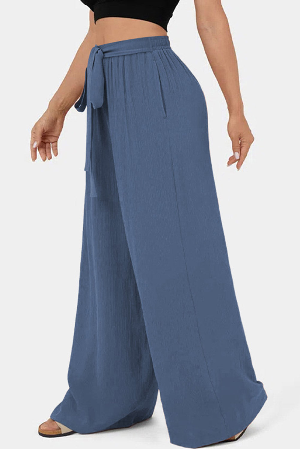 Sail Blue High Waisted Tie Front Side Pocket Wide Leg Flowy Casual Pants Pants & Culotte JT's Designer Fashion