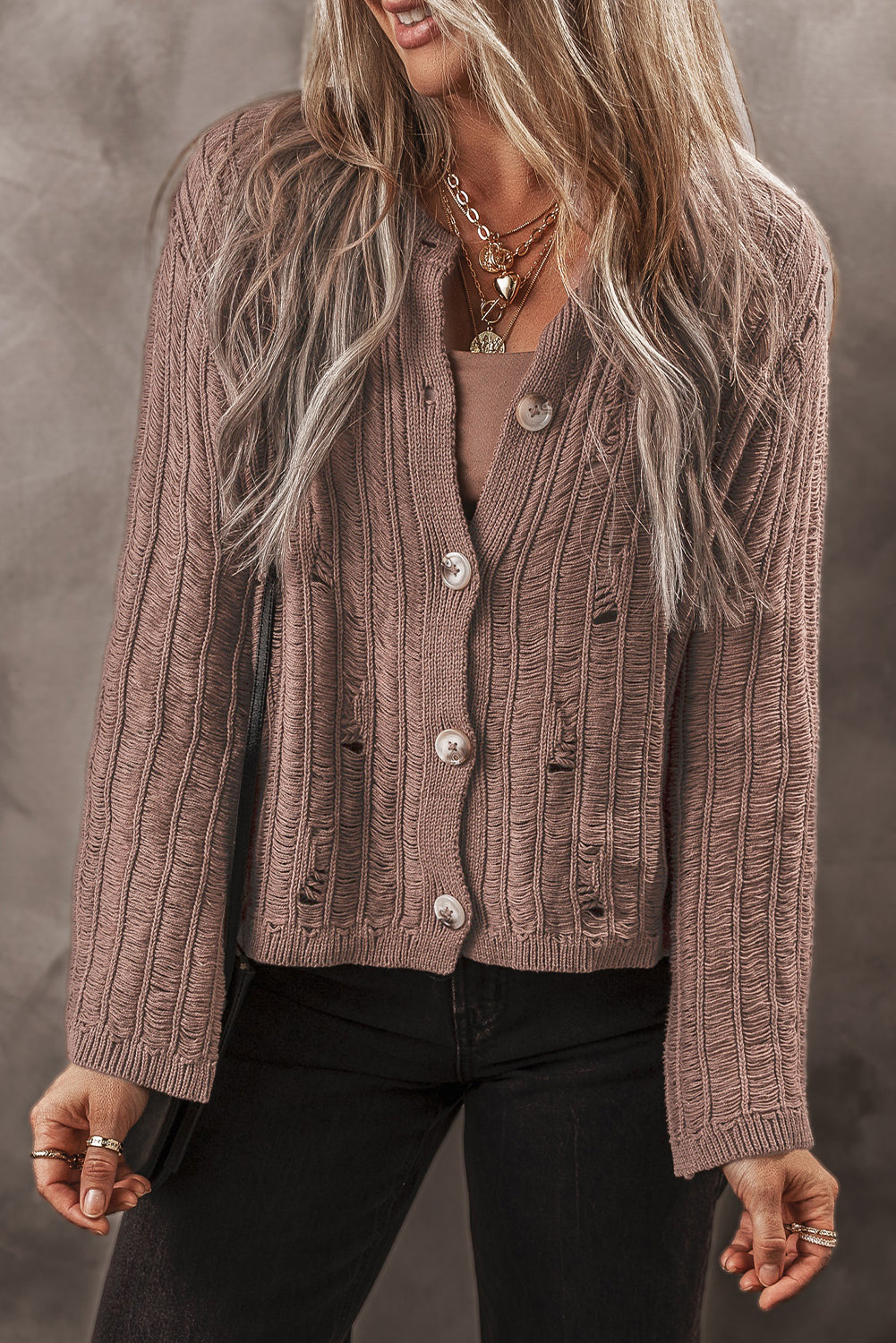 Goat Cut Out Textured Knit Buttoned Cardigan Cardigans JT's Designer Fashion