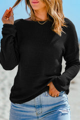 Black Waffle Knit Drop Shoulder Long Sleeve Top Long Sleeve Tops JT's Designer Fashion
