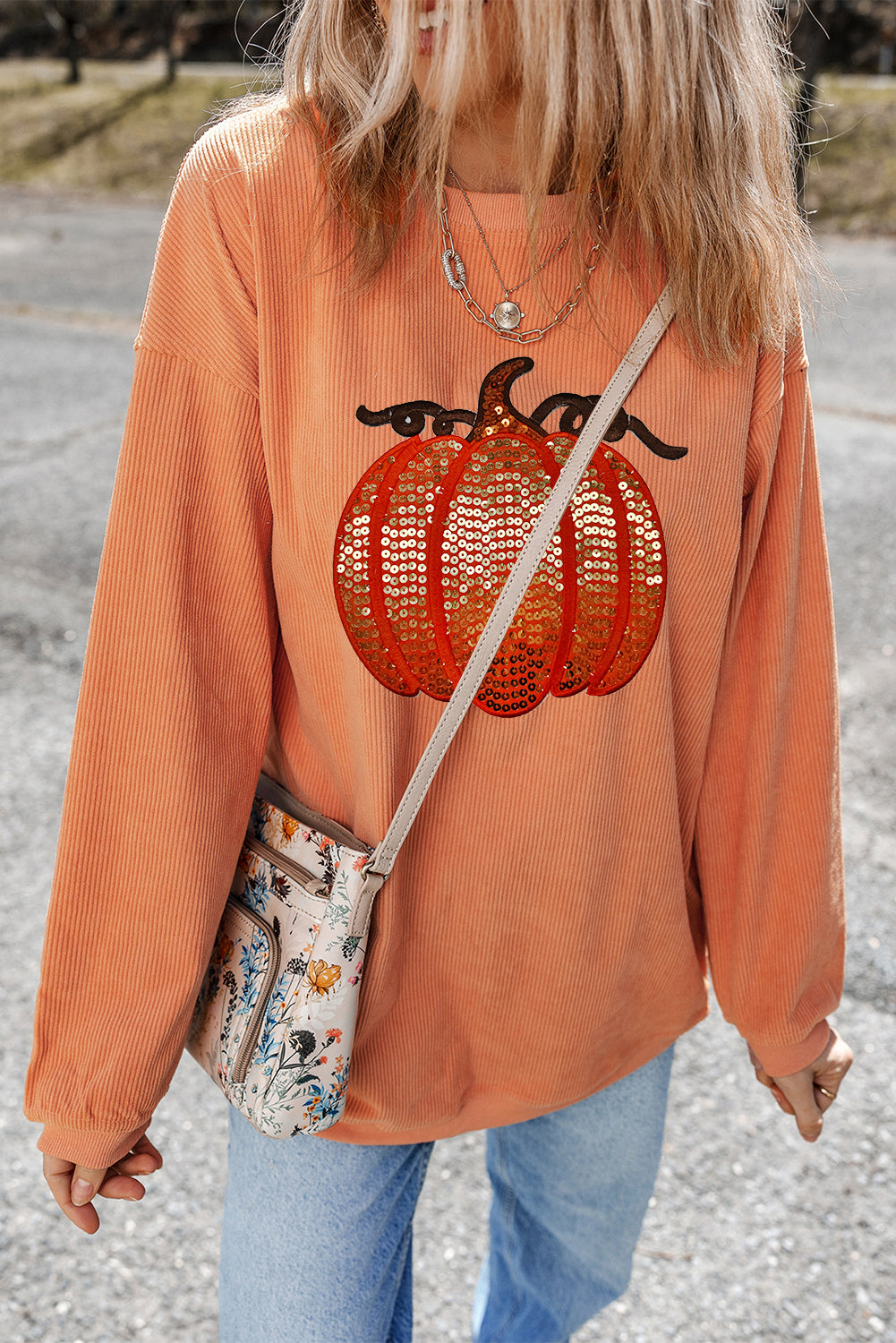 Orange Sequined Pumpkin Ribbed Round Neck Halloween Sweatshirt Graphic Sweatshirts JT's Designer Fashion