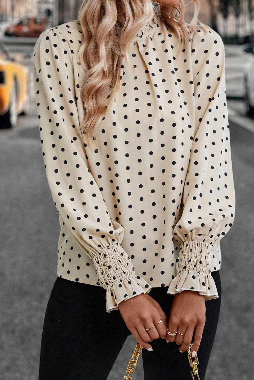 Apricot Polka Dot Print Frilled Collar Lantern Sleeve Blouse Blouses & Shirts JT's Designer Fashion