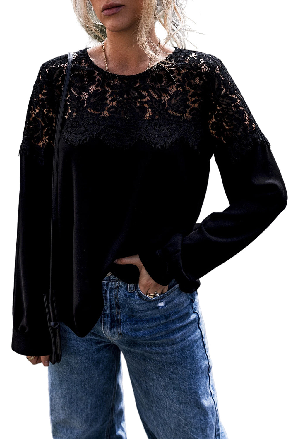 Black Lace Crochet Patchwork O Neck Long Sleeve Top Long Sleeve Tops JT's Designer Fashion