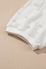 White Contrast Bow Trim Pearl Puff Sleeve Blouse and Skort 2pcs Set Short Sets JT's Designer Fashion