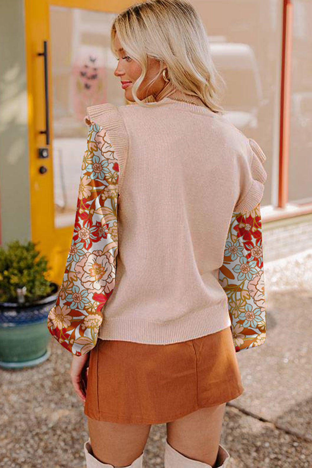 Parchment Cable Knit Ruffle Detail Contrast Floral Sleeve Patchwork Sweater Sweaters JT's Designer Fashion