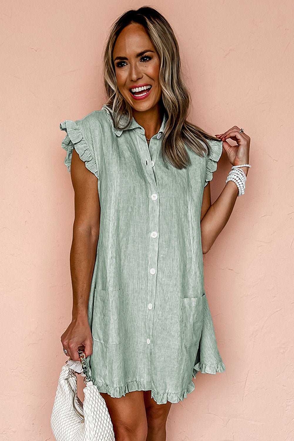 Green Stripe Frilled Sleeveless Collar Front Pocket Button Up Mini Dress Mini Dresses JT's Designer Fashion