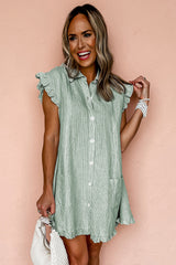 Green Stripe Frilled Sleeveless Collar Front Pocket Button Up Mini Dress Mini Dresses JT's Designer Fashion