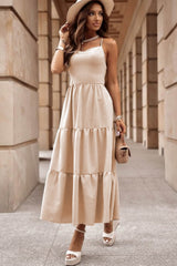 Oatmeal Crossover Backless Bodice Tiered Maxi Dress Dresses JT's Designer Fashion
