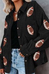 Black Sequin Rugby Pattern Buttoned Corduroy Shacket Black 100%Polyester Jackets JT's Designer Fashion