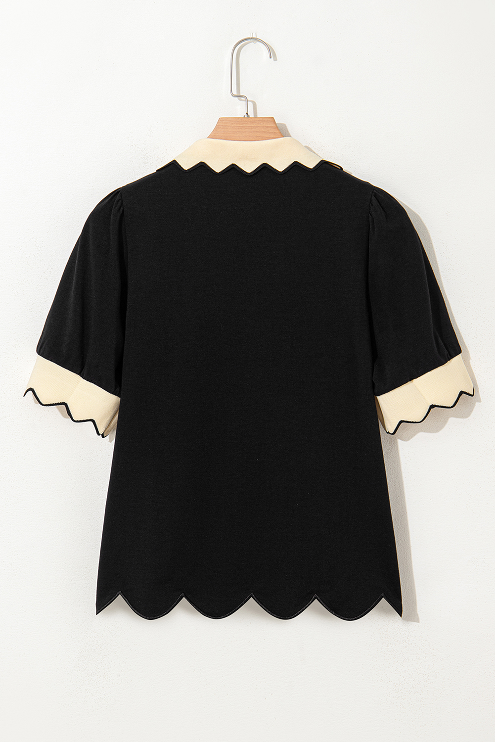 Black Contrast Scalloped Collar Cuffs Rodeo Patched Graphic Short Sleeve Top Graphic Tees JT's Designer Fashion