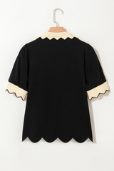 Black Contrast Scalloped Collar Cuffs Rodeo Patched Graphic Short Sleeve Top Graphic Tees JT's Designer Fashion