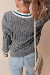 Medium Grey Color Contrast Ribbed Edge Cable Knit V Neck Sweater Sweaters JT's Designer Fashion