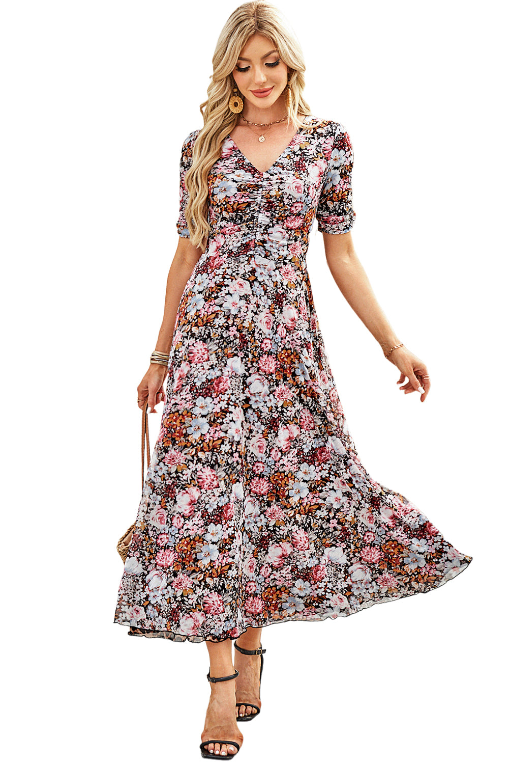 Brown Mesh Leopard Floral Reversible V Neck Short Sleeve Dress Dresses JT's Designer Fashion