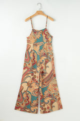 Red Paisley Printed Spaghetti Straps Elegant Wide Leg Jumpsuit Jumpsuits & Rompers JT's Designer Fashion