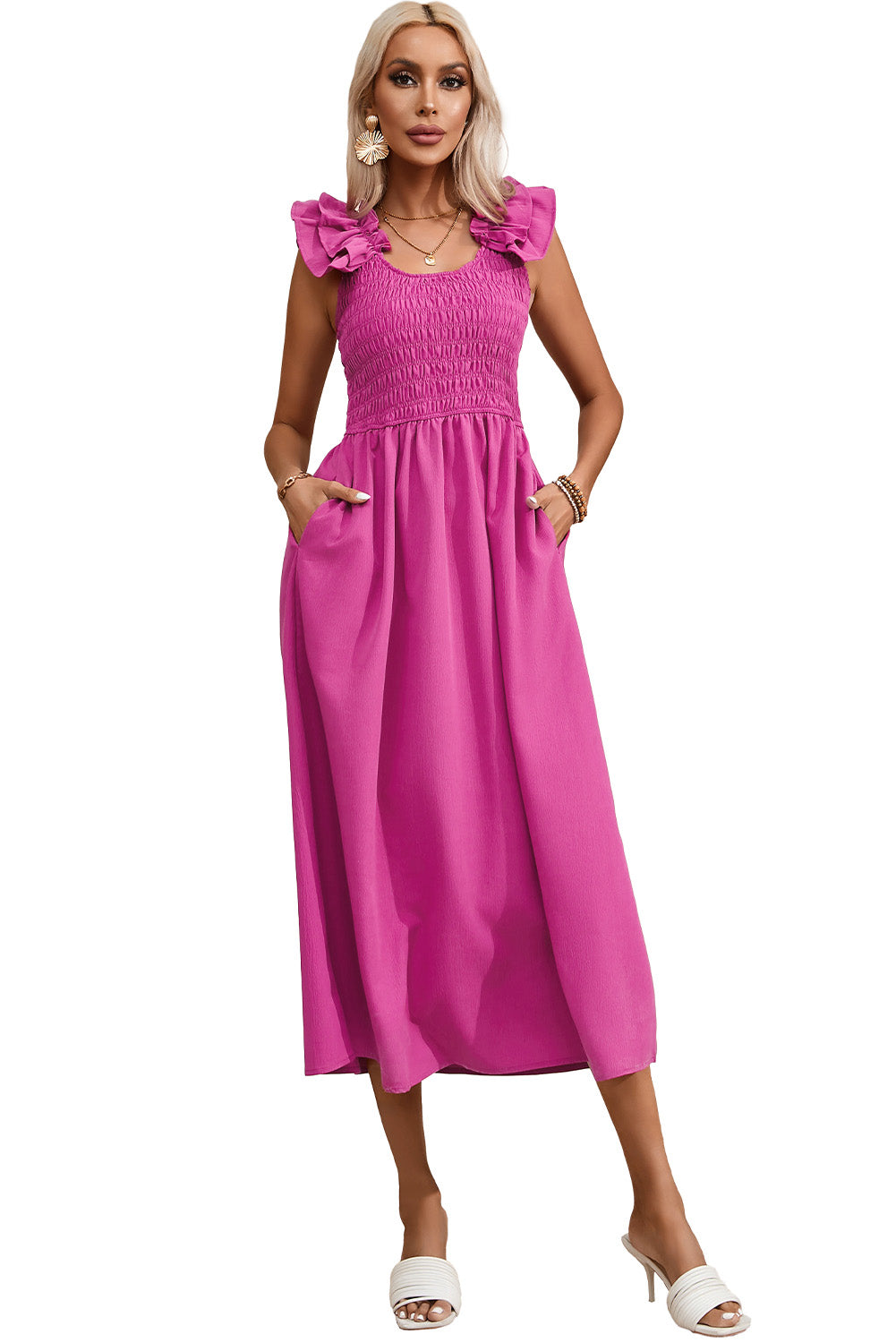 Rose Red Solid Color Ruffled Straps Smocked Ruched Long Dress Maxi Dresses JT's Designer Fashion