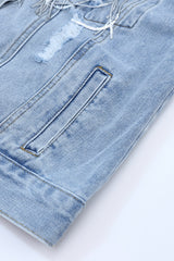 Sky Blue Sequin Embellished Fringe Distressed Denim Jacket Denim Jackets JT's Designer Fashion
