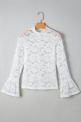 White Lace Crochet Bell Sleeve Mock Neck Blouse Blouses & Shirts JT's Designer Fashion