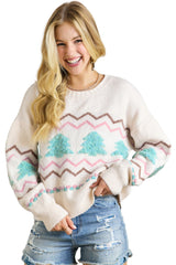White Striped Christmas Tree Ribbed Trim Drop Shoulder Sweater Sweaters JT's Designer Fashion