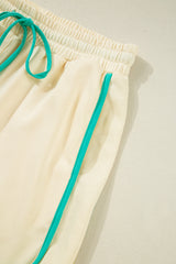 White Contrast Trim Colorblock Long Sleeve Pullover and Drawstring Shorts 2pcs Outfit Short Sets JT's Designer Fashion