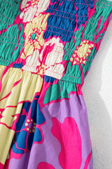 Purple Floral Print Shirred Spaghetti Strap Loose Long Dress Maxi Dresses JT's Designer Fashion