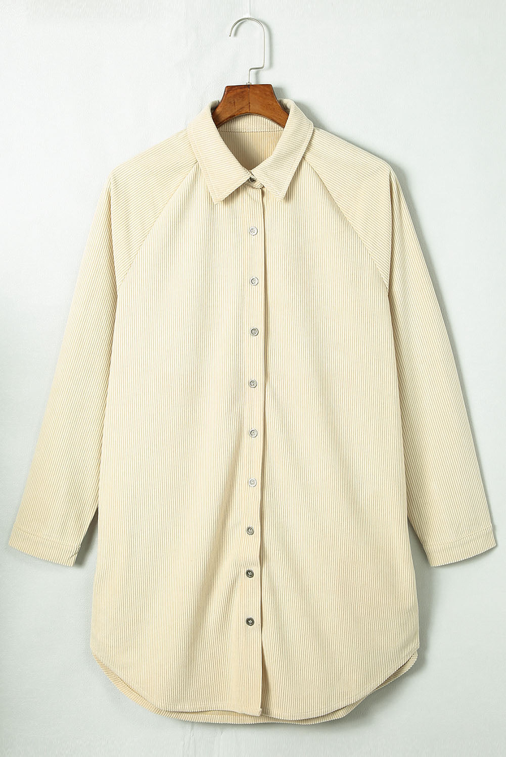 Beige Corduroy Shirt Style Full Button Long Sleeve Shift Mini Dress Mini Dresses JT's Designer Fashion