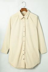 Beige Corduroy Shirt Style Full Button Long Sleeve Shift Mini Dress Mini Dresses JT's Designer Fashion