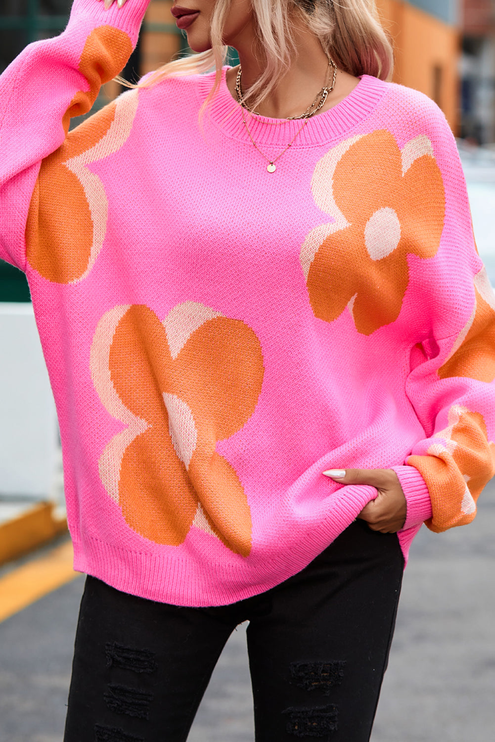 Flower Pattern Slouchy Sweater Sweaters JT's Designer Fashion
