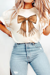 White Tassel Bowknot Print Round Neck Western Fashion T Shirt Graphic Tees JT's Designer Fashion