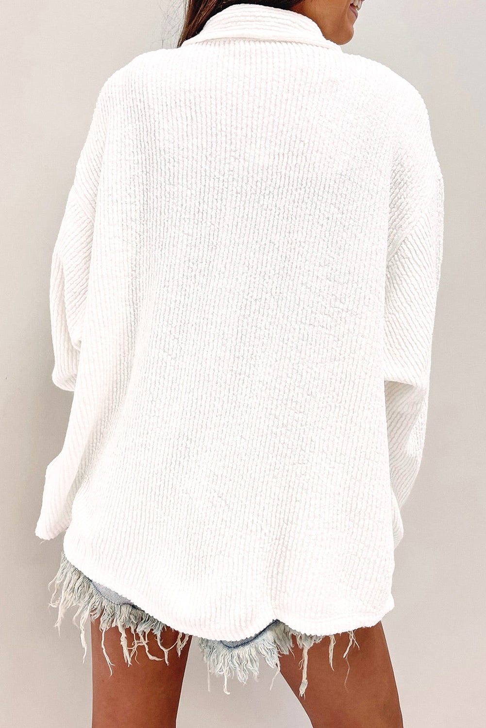 White Solid Color Corduroy Buttoned Long Sleeve Jacket Jackets JT's Designer Fashion