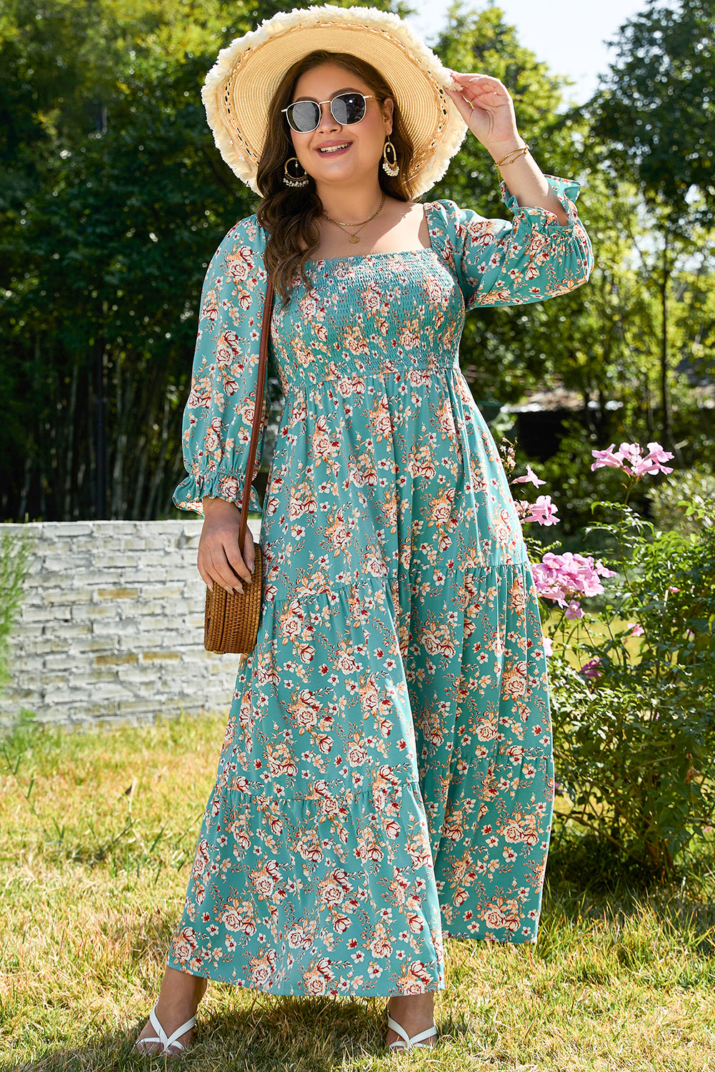 Green Plus Size Floral Print Square Neck Smocked Maxi Dress Plus Size Maxi Dresses JT's Designer Fashion