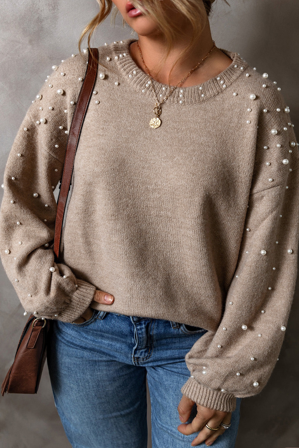 Smoke Gray Pearled Drop Shoulder Plus Size Sweater Plus Size Sweaters & Cardigans JT's Designer Fashion