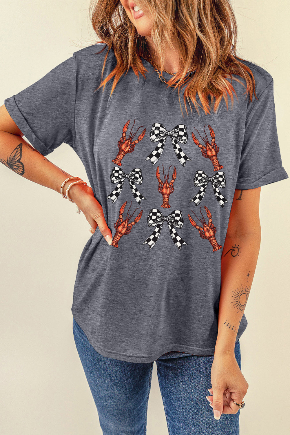 Gray Checkered Bow Crawfish Printed Summer Tee Graphic Tees JT's Designer Fashion